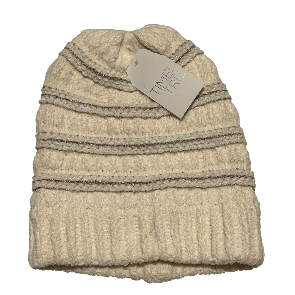 Time and Tru Beanie Cream Gold Metallic Lurex Striped Knit Winter Hat OS Women